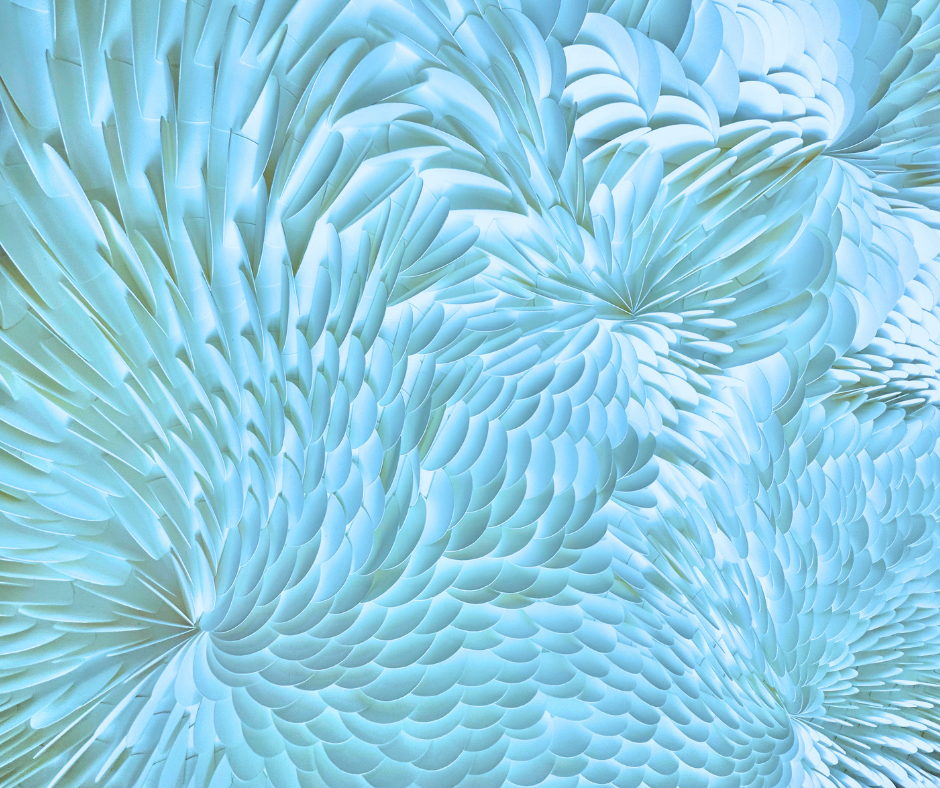 A close up of the dimensional abstract origami wall art with sky blue color scheme. Commercial wall art by artist Tam M Olson.