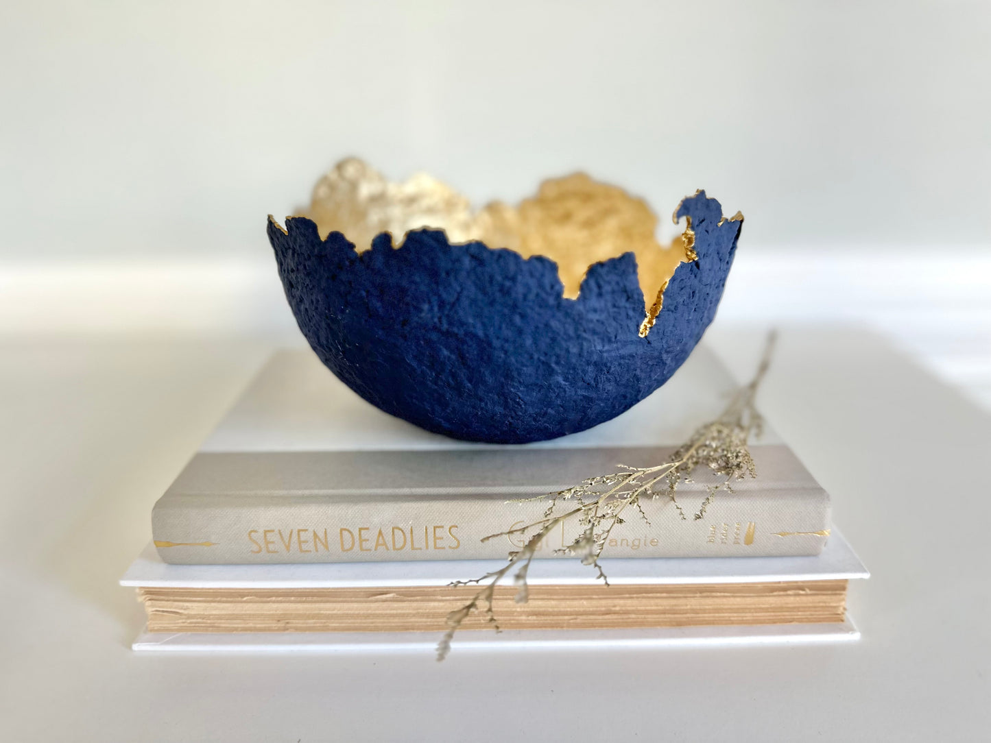 A navy blue paper mache bowl with a gold interior, designed to resemble an eggshell, placed on a white surface with a book and decorative dry branches nearby. Original sculptural bowl by Artist Tam M Olson