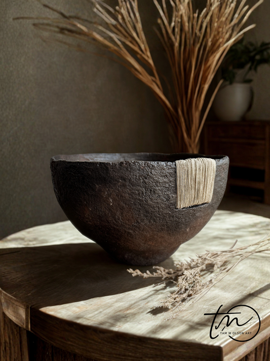 Tall black textural bowl with deep brown patina finish and jute twine accent sitting on a wooden surface. Handcrafted paper mache decorative bowl by Artist Tam M Olson.