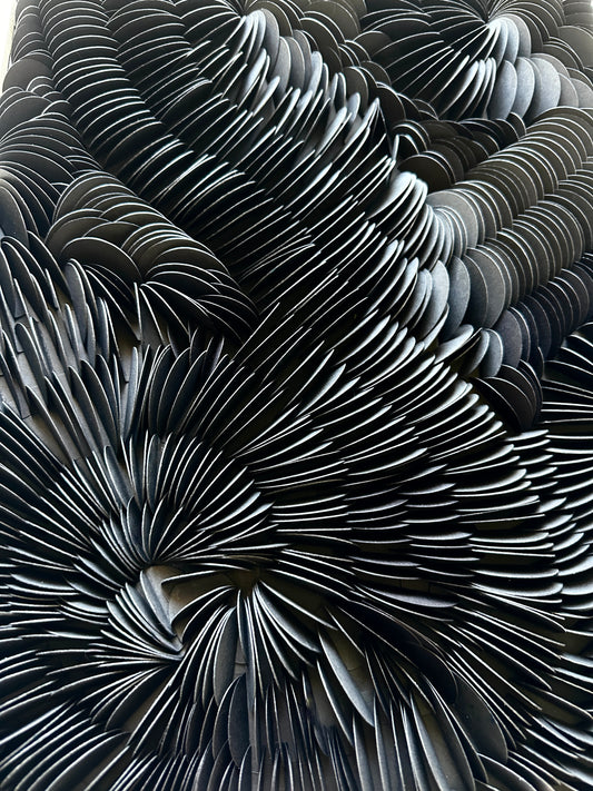 Close up details of black textured abstract art. Original black textured wall art by artist Tam M Olson.