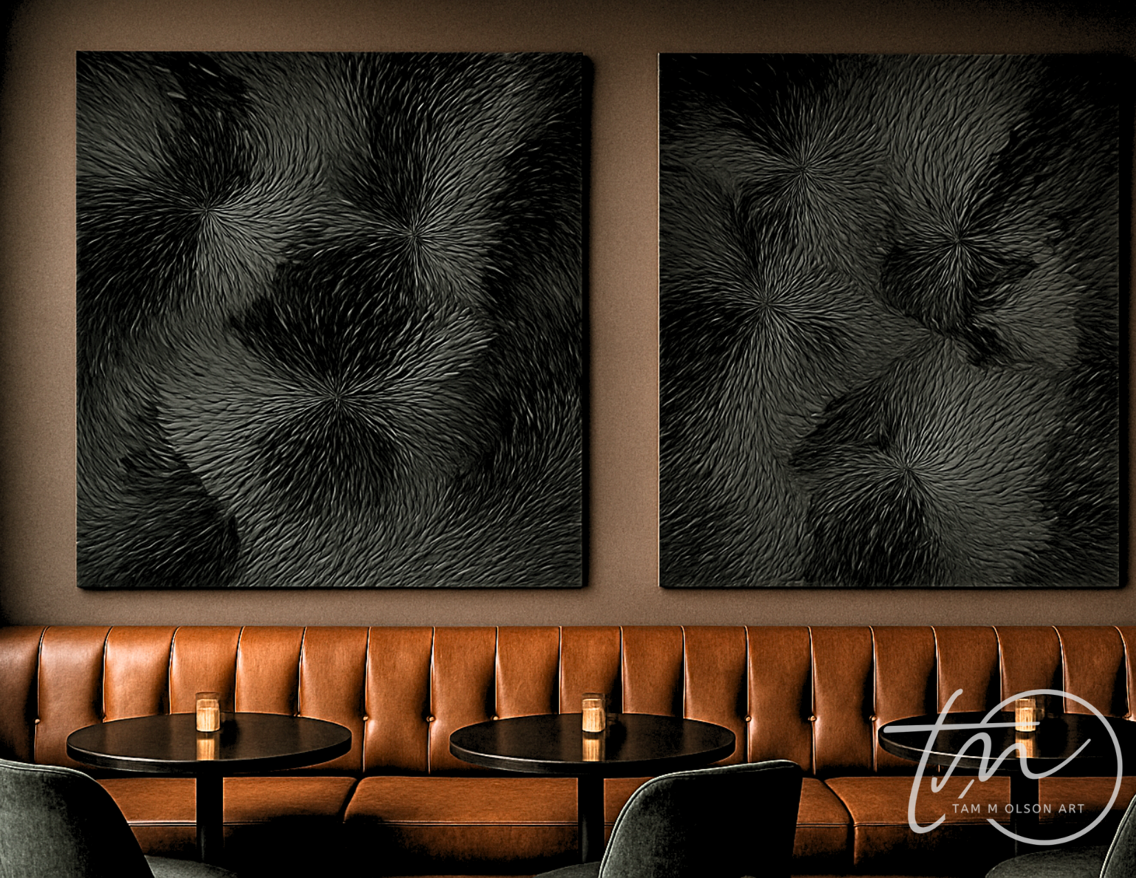 Two abstract dimensional art on a wall above a brown leather couch. Diptych commercial art by Tam M Olson 