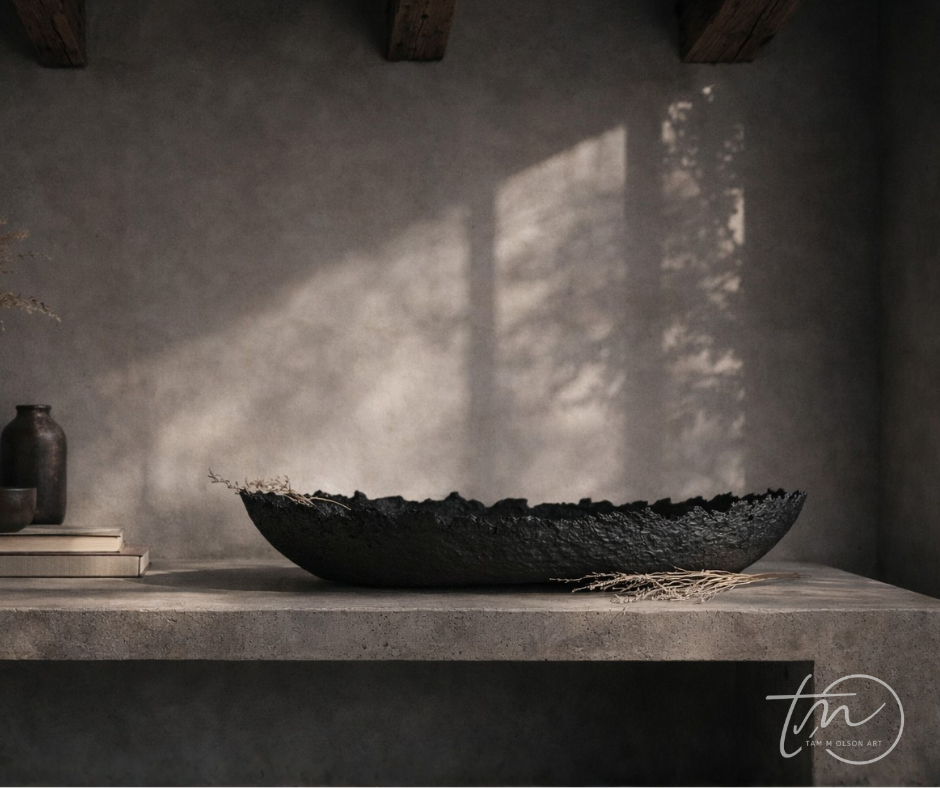 Oblong black textured decorative bowl with irregular edges on concrete surface. Handmade Paper Mache design by Artist Tam M Olson