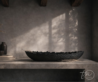 Oblong black textured decorative bowl with irregular edges on concrete surface. Handmade Paper Mache design by Artist Tam M Olson