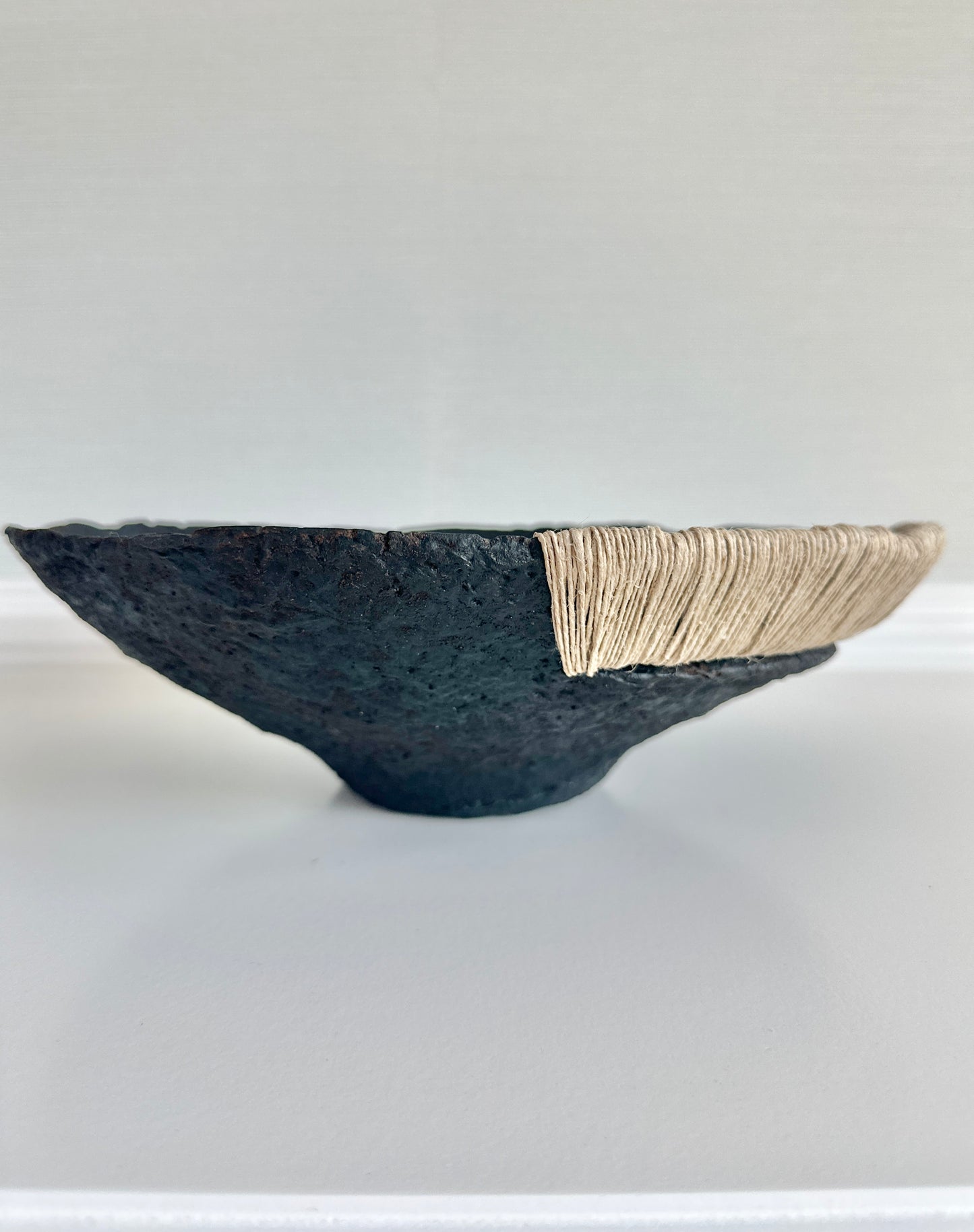 Decorative Black Bowl with Jute Twine and Wide Disposition.  Hand Made Paper Mache Bowl by Artist Tam M Olson.