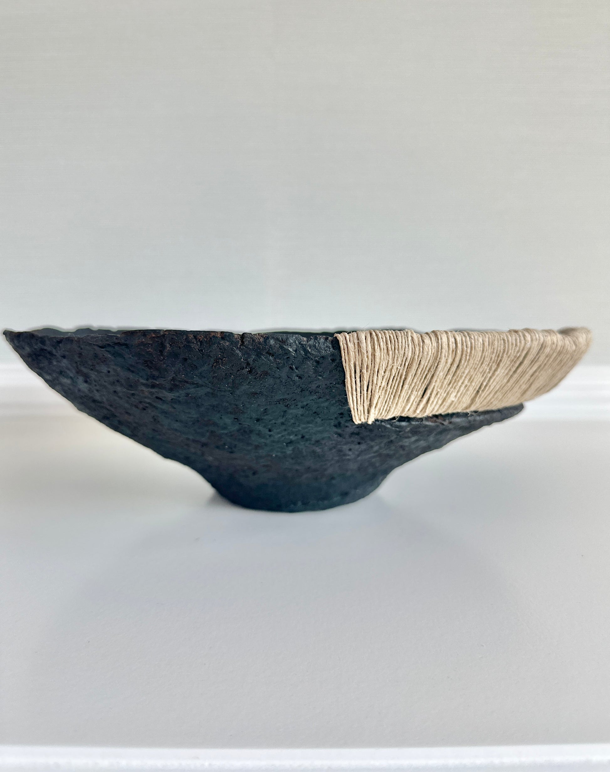 Decorative Black Bowl with Jute Twine and Wide Disposition.  Hand Made Paper Mache Bowl by Artist Tam M Olson.