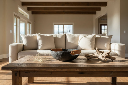 Black textural decorative bowl with leather strap handles in a neutral living room, on a table with other natural decorative objects. Original paper mache bowl by artist Tam M Olson.