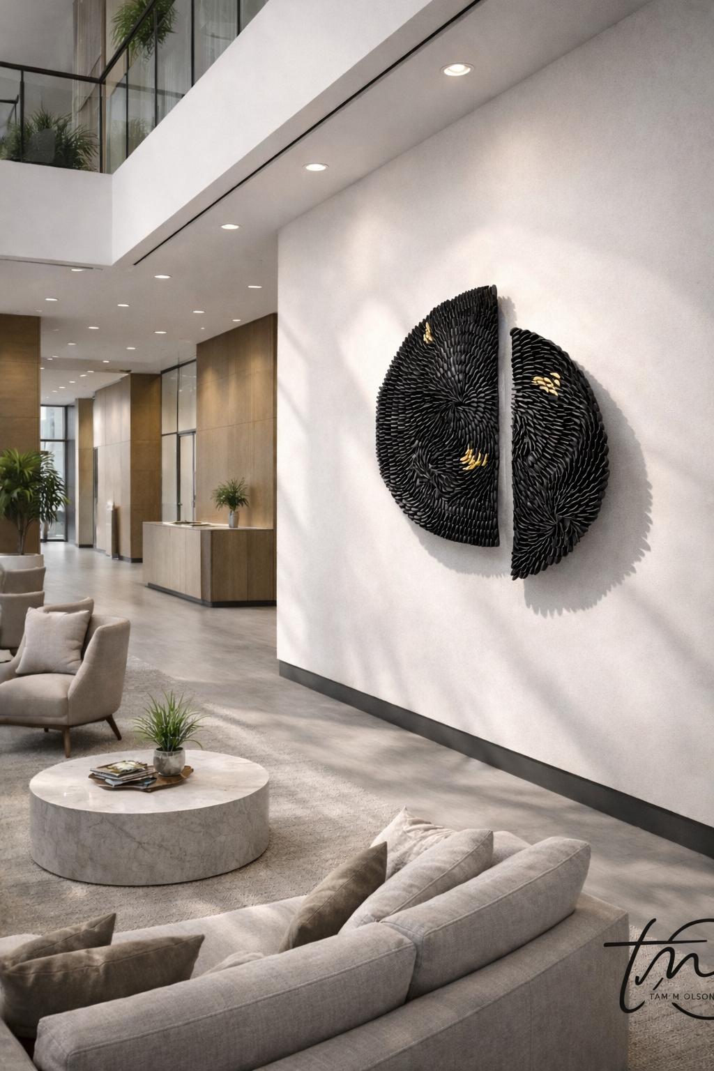 Modern interior lobby with an original dimensional abstract wall sculpture by artist Tam M Olson