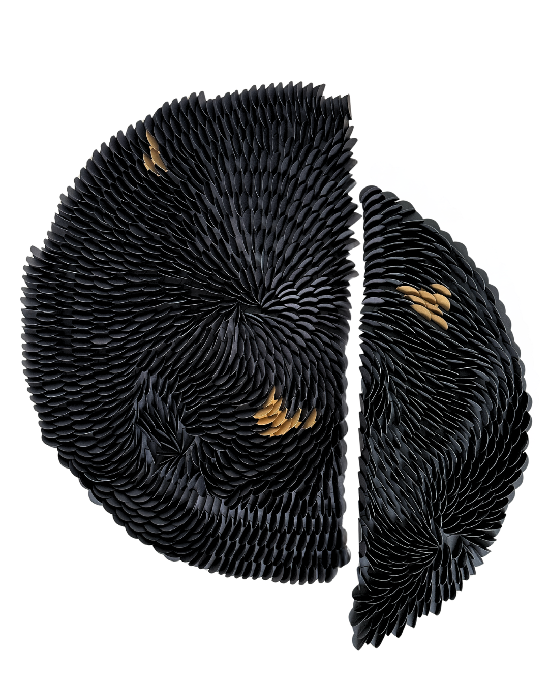 Black textured circular wall sculpture with gold accents on a white background. Original abstract design by artist Tam M Olson