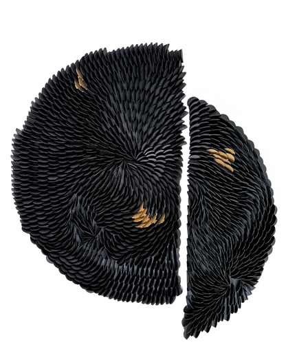 Black textured circular wall sculpture with gold accents on a white background. Original abstract design by artist Tam M Olson