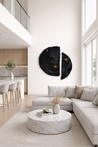 Modern living room with a black and gold wall art piece, gray sectional sofa, and marble coffee table. Original textured wall art by artist Tam M Olson.