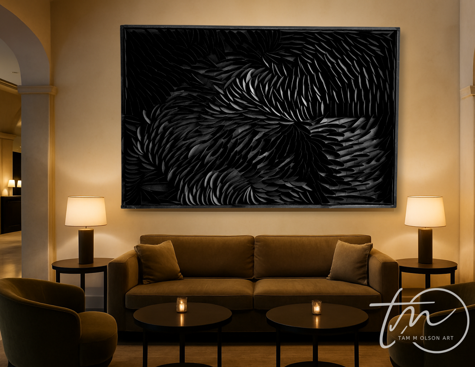 Hotel sitting room with a large abstract black textured art on the wall, brown sofa, and two lamps. Original commercial wall art by Tam M Olson
