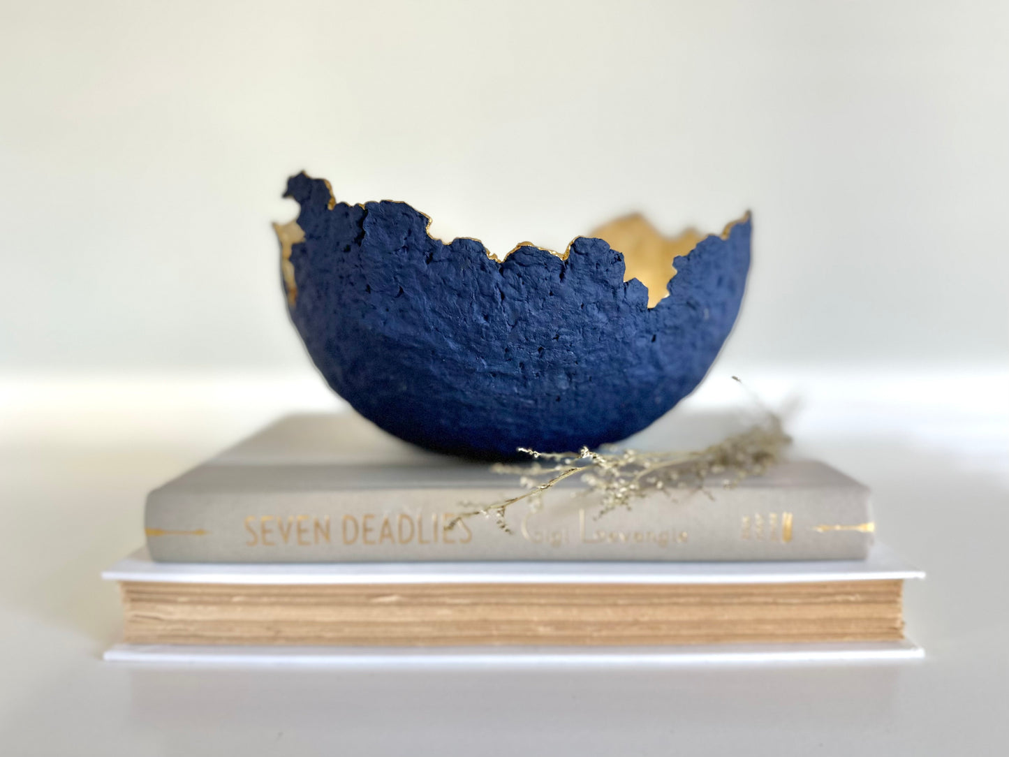 A navy blue paper mache bowl with a gold interior, designed to resemble an eggshell, placed on a white surface with a book and decorative dry branches nearby. Original sculptural bowl by Artist Tam M Olson