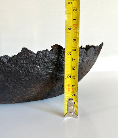 Oblong black textured decorative bowl with irregular edges on white surface displaying height of approximately 3.25 inches. Handmade Paper Mache design by Artist Tam M Olson