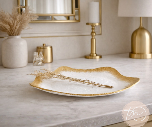 White and Gold Tray on elegant table setting with gold and neutral design details on and near the tray. Handmade by artist Tam M Olson