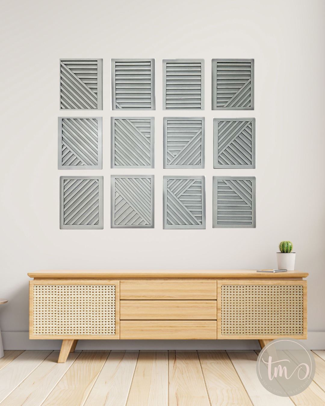 Geometric Criss Cross 12 Piece Gray Wooden Wall Collage