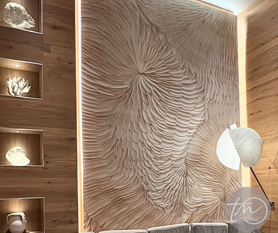 Wooden wall panel with original abstract art by commercial artist Tam M Olson