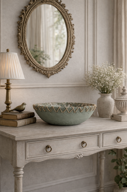 Decorative table with a bowl, lamp, books, and flowers against a wall with an ornate mirror. Muted green bowl with twine details is the focal point and is handmade and designed by Artist Tam M Olson