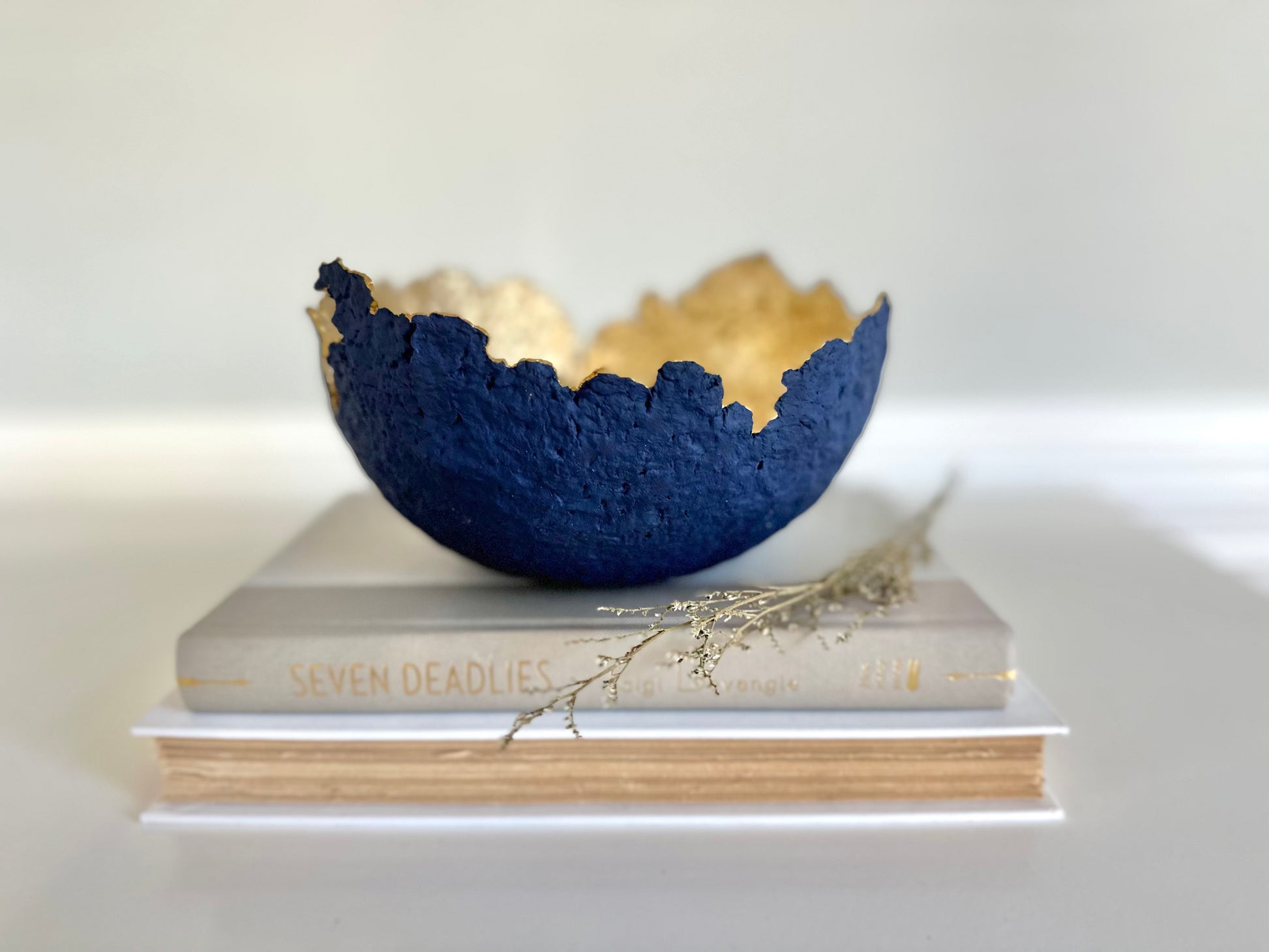 A navy blue paper mache bowl with a gold interior, designed to resemble an eggshell, placed on a white surface with a book and decorative dry branches nearby. Original sculptural bowl by Artist Tam M Olson
