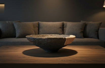 Black Textured Bowl with twine detail on coffee table in dark living room. Handcrafted bowl by artist Tam M Olson