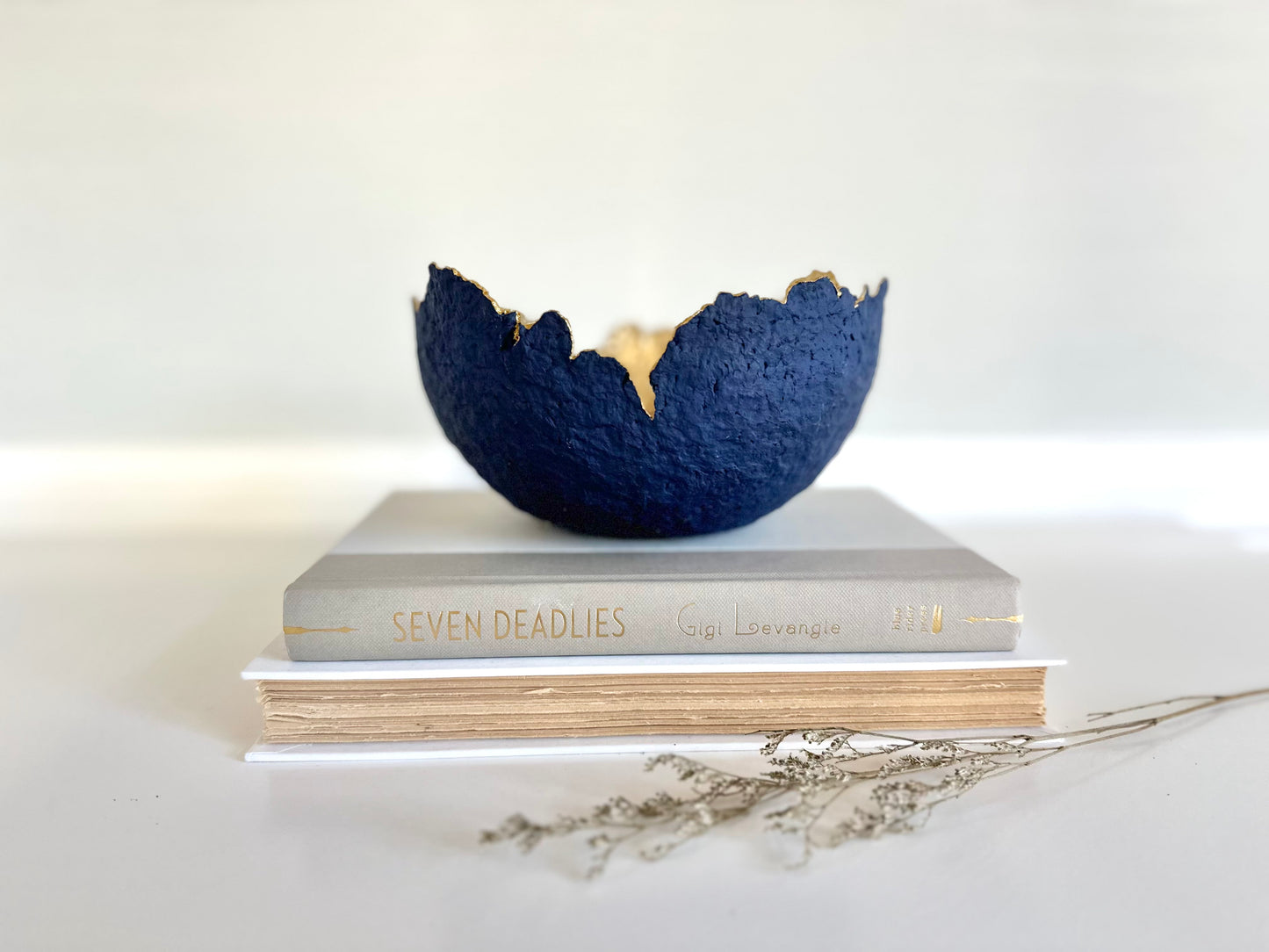 A navy blue paper mache bowl with a gold interior, designed to resemble an eggshell, placed on a white surface with a book and decorative dry branches nearby. Original sculptural bowl by Artist Tam M Olson