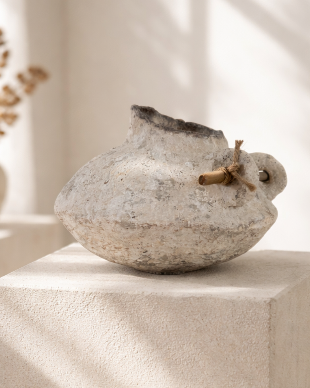 Decorative sculpted pitcher with wooden handle on a light surface with a neutral background. Handmade by Artist Tam M Olson