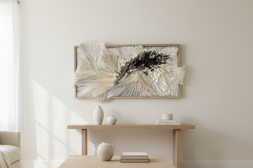 A rectangular wall-mounted art piece featuring layered, shaggy feather-like textures in cream, beige, gray, brown, and black, set within a light wood frame against a white background. Original art by Artist Tam M Olson