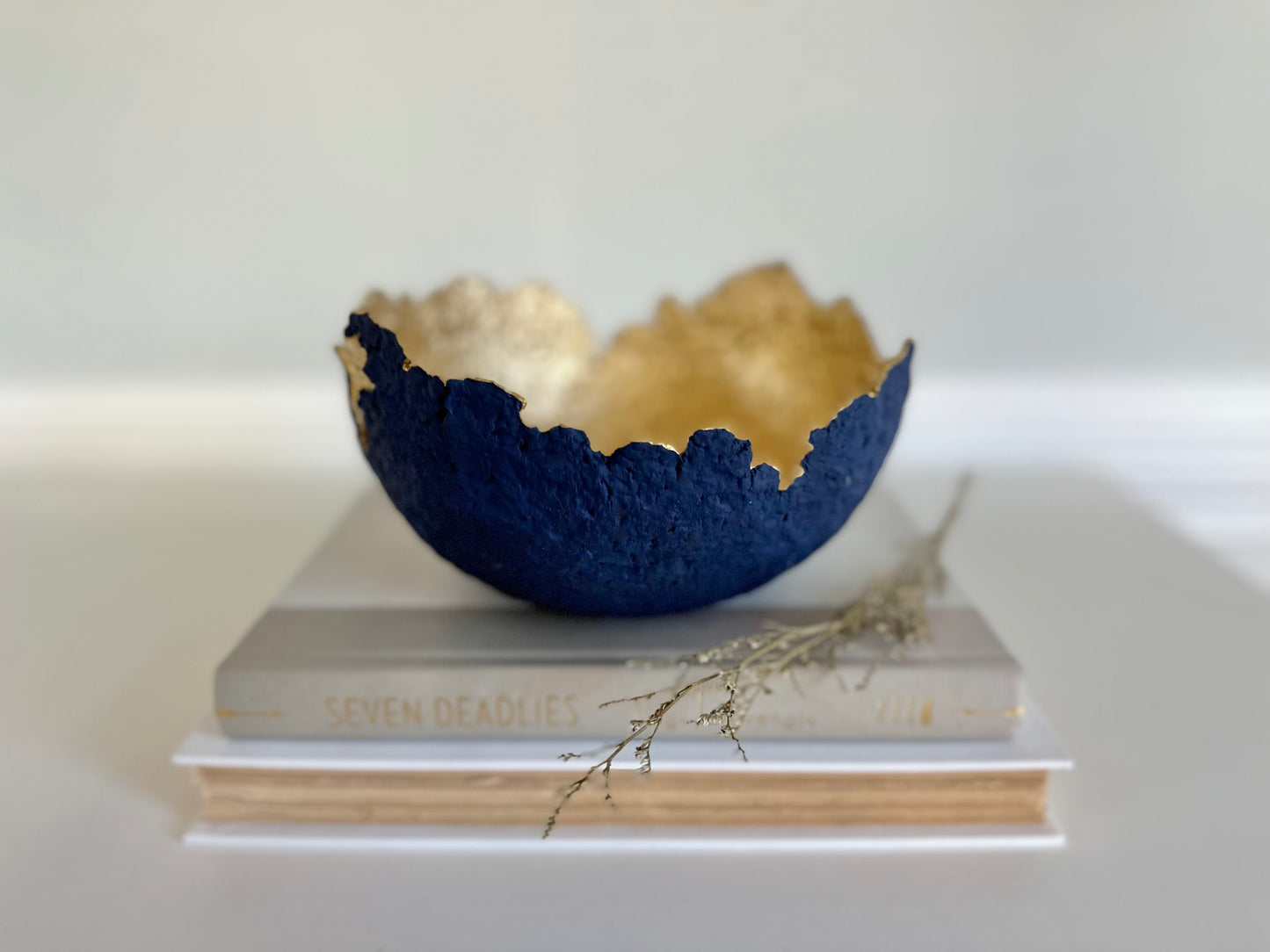 A navy blue paper mache bowl with a gold interior, designed to resemble an eggshell, placed on a white surface with a book and decorative dry branches nearby. Original sculptural bowl by Artist Tam M Olson