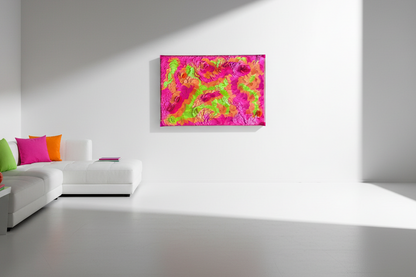 Colorful abstract dimensional wall art in stark room with white walls, white furniture, white floors and colorful accents. Original dimensional art by Tam M Olson