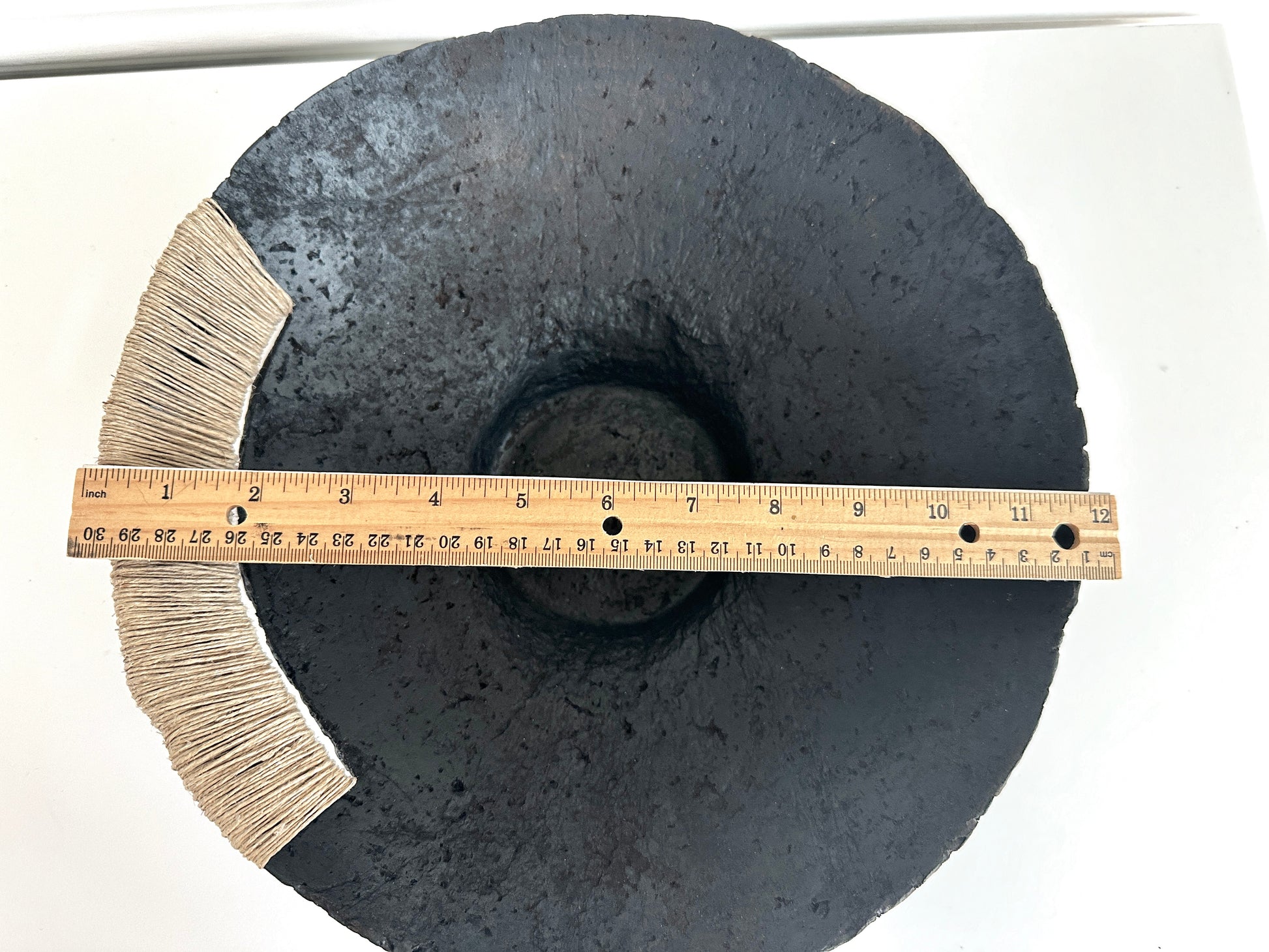 Top down view of Decorative Black Bowl with Jute Twine and Wide Disposition displaying a width of 12 inches. Hand Made Paper Mache Bowl by Artist Tam M Olson.