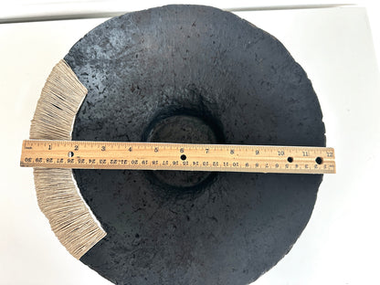 Top down view of Decorative Black Bowl with Jute Twine and Wide Disposition displaying a width of 12 inches. Hand Made Paper Mache Bowl by Artist Tam M Olson.