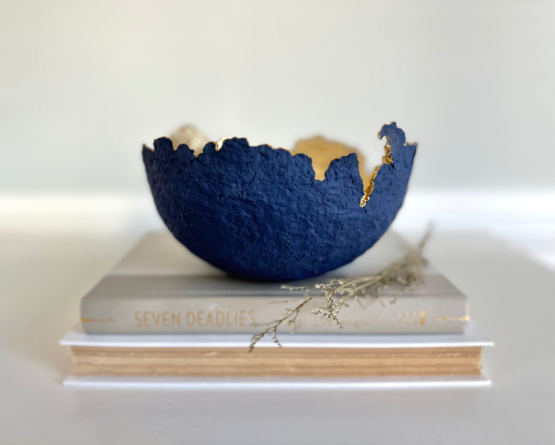 A navy blue paper mache bowl with a gold interior, designed to resemble an eggshell, placed on a white surface with a book and decorative dry branches nearby. Original sculptural bowl by Artist Tam M Olson