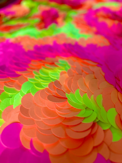 Close-up of colorful layered art with pink, neon yellow/green, and orange patterns. Original abstract art by artist Tam M Olson