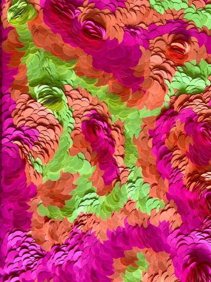 Colorful abstract pattern with magenta pink, neon yellow/green, and orange hues. Original dimensional art by artist Tam M Olson