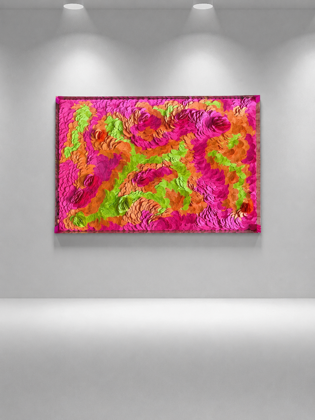 Colorful abstract textured artwork on a white gallery wall. Original dimensional bold artwork by Tam M Olson.