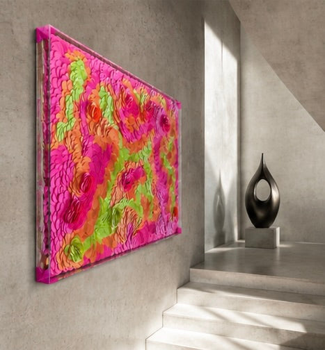 Colorful textured artwork on a wall in a modern interior setting with a black sculpture. Original dimensional art by Tam M Olson