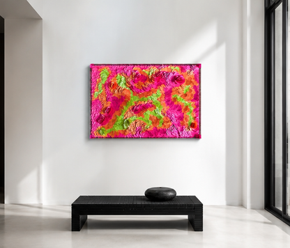 Colorful abstract dimensional art on a white wall above a black table. Original art by Tam M Olson